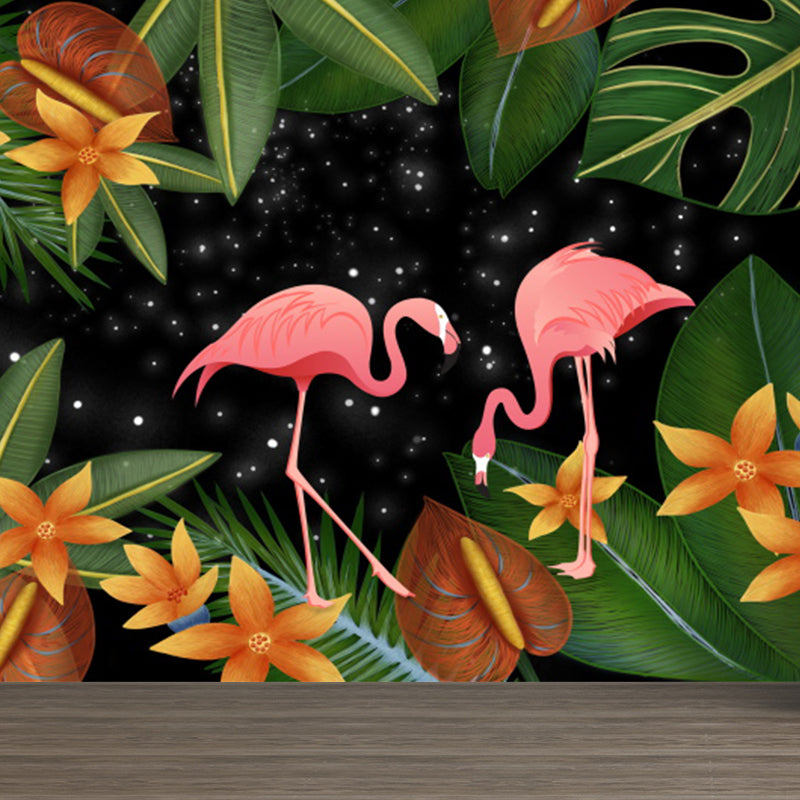 Tropical Flamingos and Leaves Mural Decal Pink Waterproofing Wall Decor for Bathroom Clearhalo 'Wall Decor' 'Wall Mural' 1619287