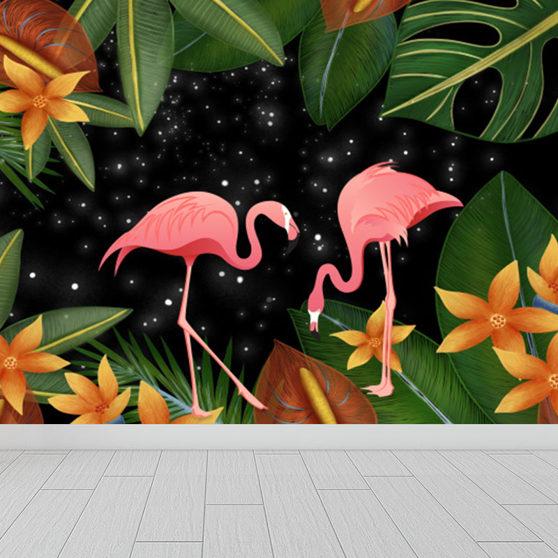 Tropical Flamingos and Leaves Mural Decal Pink Waterproofing Wall Decor for Bathroom Clearhalo 'Wall Decor' 'Wall Mural' 1619288