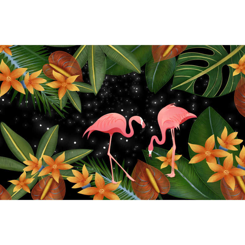 Tropical Flamingos and Leaves Mural Decal Pink Waterproofing Wall Decor for Bathroom Clearhalo 'Wall Decor' 'Wall Mural' 1619289