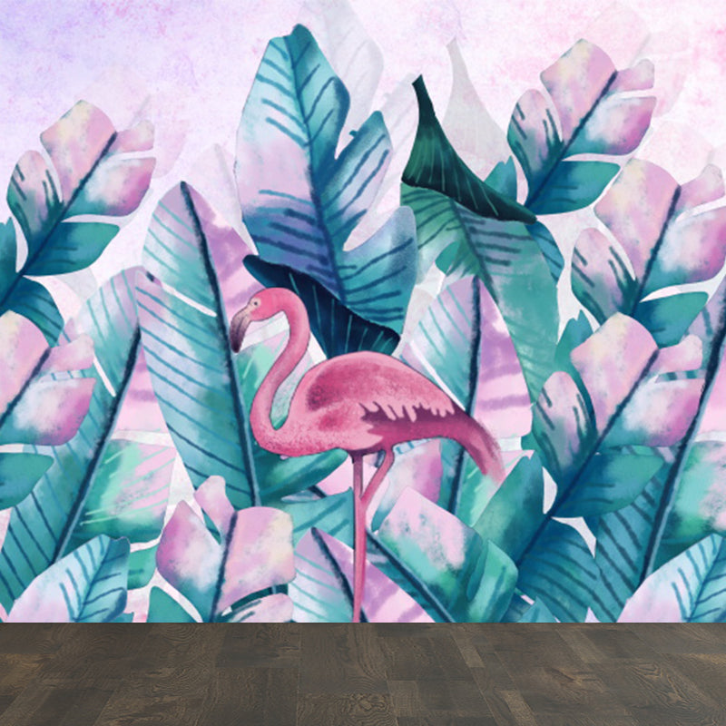 Tropical Boys Mural Wallpaper Stand-Up Flamingo and Banana Leaves Pink Wall Covering Pink Clearhalo 'Wall Decor' 'Wall Mural' 1619291