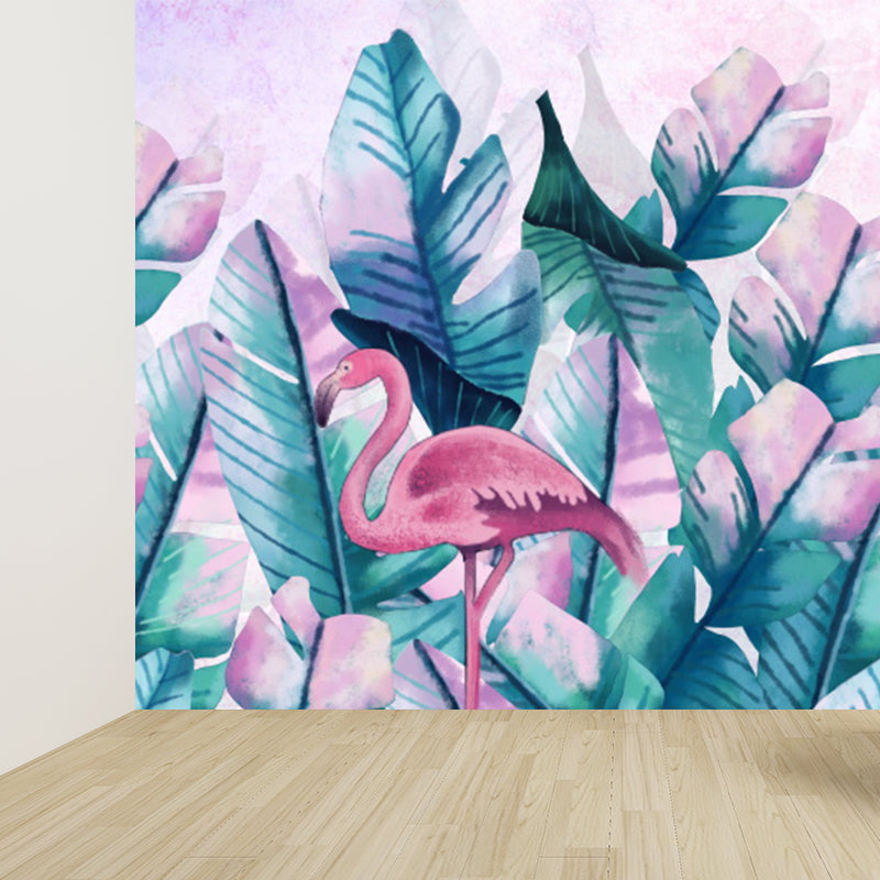 Tropical Boys Mural Wallpaper Stand-Up Flamingo and Banana Leaves Pink Wall Covering Clearhalo 'Wall Decor' 'Wall Mural' 1619292