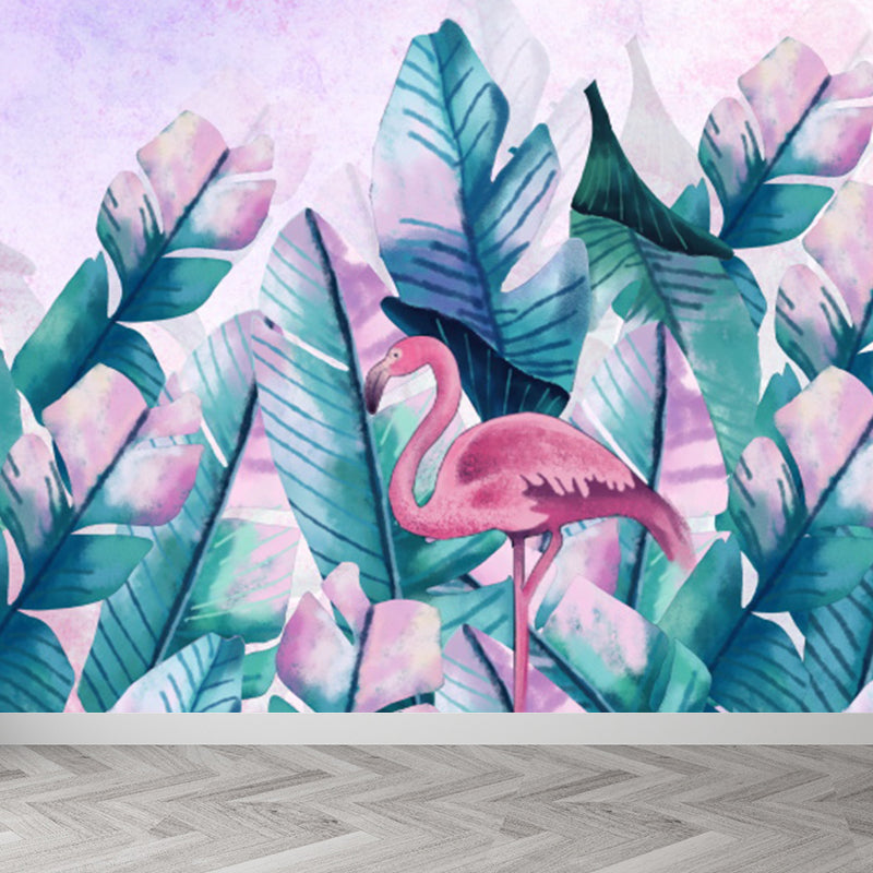 Tropical Boys Mural Wallpaper Stand-Up Flamingo and Banana Leaves Pink Wall Covering Clearhalo 'Wall Decor' 'Wall Mural' 1619293