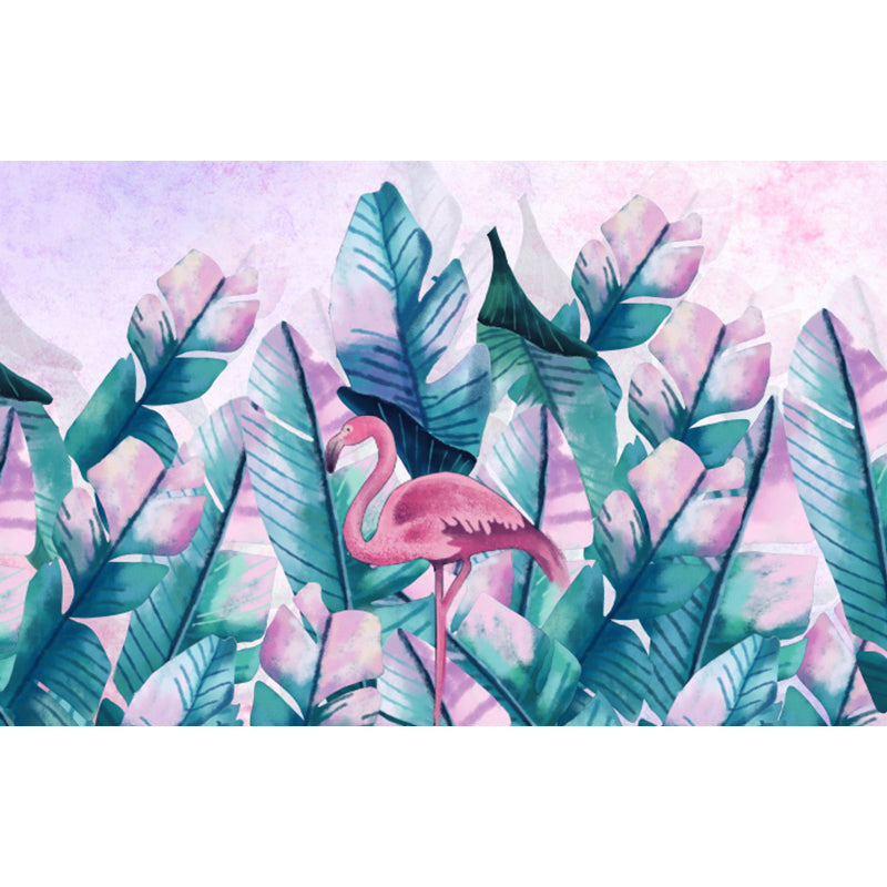 Tropical Boys Mural Wallpaper Stand-Up Flamingo and Banana Leaves Pink Wall Covering Clearhalo 'Wall Decor' 'Wall Mural' 1619294