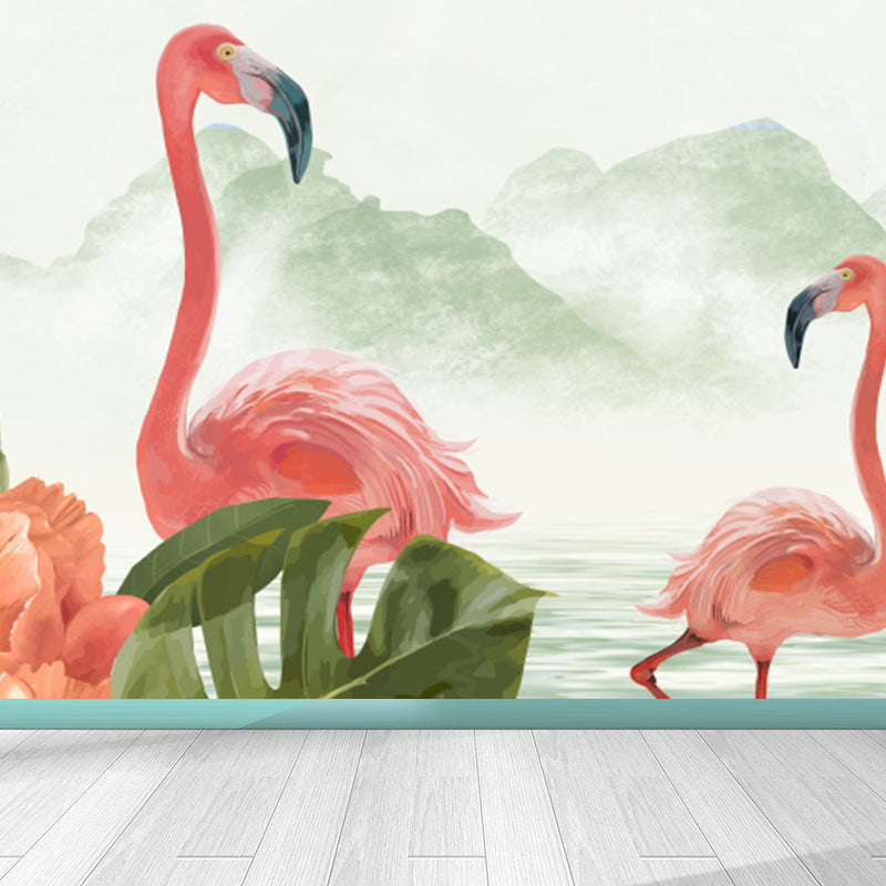 Tropical Wild Flamingos Wall Mural Pink Decorative Wall Covering for Living Room Pink Clearhalo 'Wall Decor' 'Wall Mural' 1619296