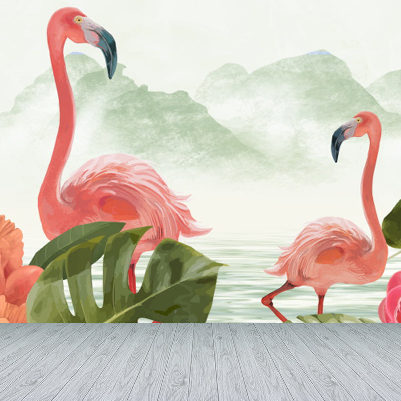 Tropical Wild Flamingos Wall Mural Pink Decorative Wall Covering for Living Room Clearhalo 'Wall Decor' 'Wall Mural' 1619297