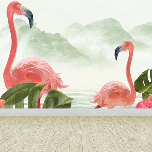 Tropical Wild Flamingos Wall Mural Pink Decorative Wall Covering for Living Room Clearhalo 'Wall Decor' 'Wall Mural' 1619298