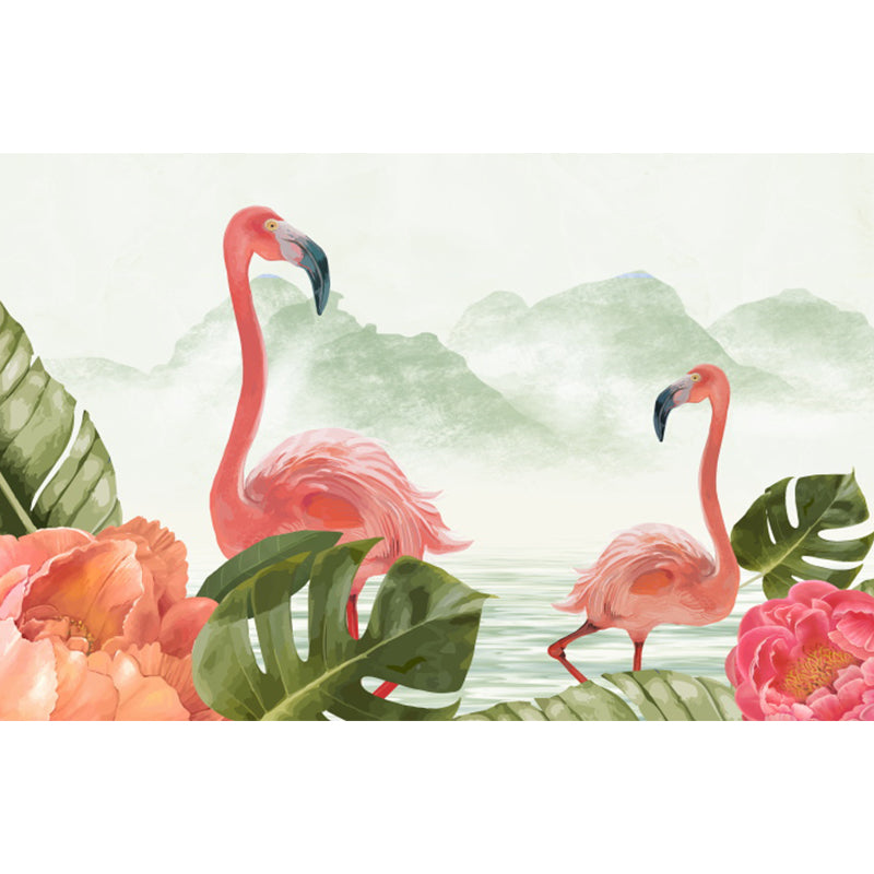 Tropical Wild Flamingos Wall Mural Pink Decorative Wall Covering for Living Room Clearhalo 'Wall Decor' 'Wall Mural' 1619299