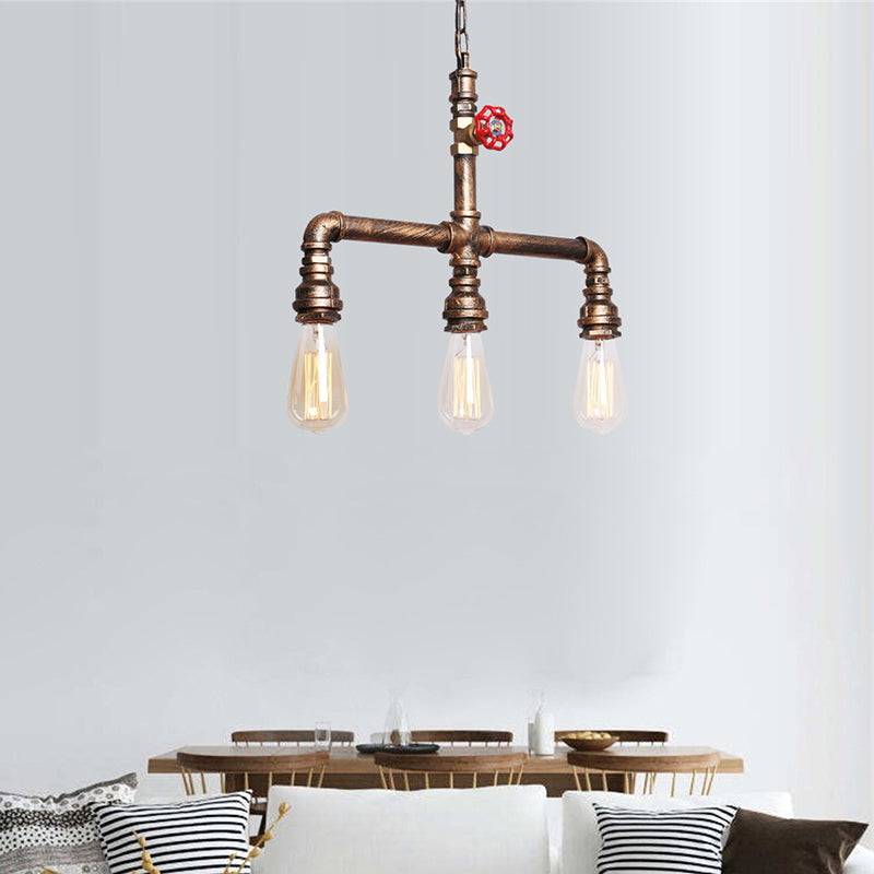 Industrial Tubing Island Chandelier Light with Valve Wheel 3 Bulbs Metal Island Pendant Light in Antique Brass Antique Brass Clearhalo 'Ceiling Lights' 'Island Lights' Lighting' 161968