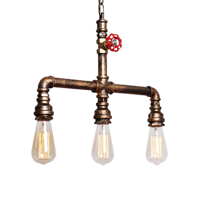 Industrial Tubing Island Chandelier Light with Valve Wheel 3 Bulbs Metal Island Pendant Light in Antique Brass Clearhalo 'Ceiling Lights' 'Island Lights' Lighting' 161970