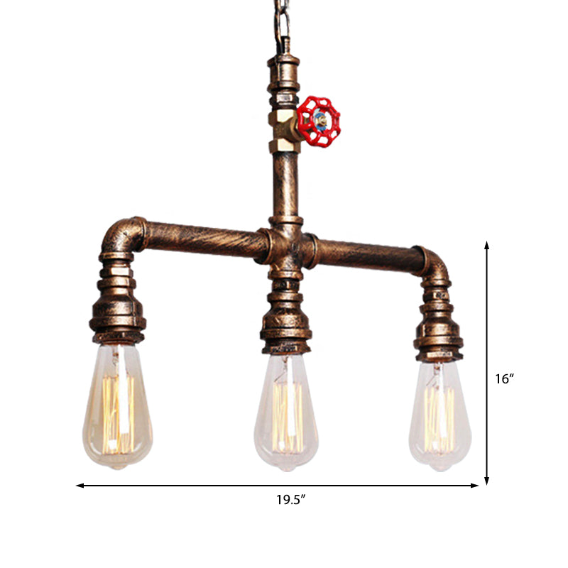 Industrial Tubing Island Chandelier Light with Valve Wheel 3 Bulbs Metal Island Pendant Light in Antique Brass Clearhalo 'Ceiling Lights' 'Island Lights' Lighting' 161971