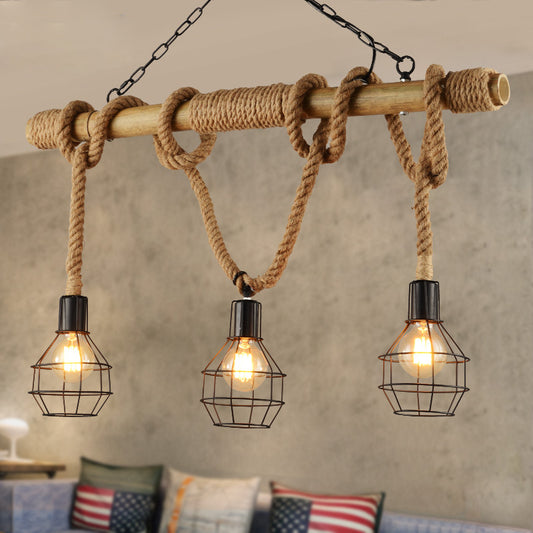 Metal Wire Cage Island Light Vintage Industrial 3 Lights Restaurant Pendant Light with Adjustable Natural Rope in Black Black Clearhalo 'Ceiling Lights' 'Island Lights' Lighting' 161985