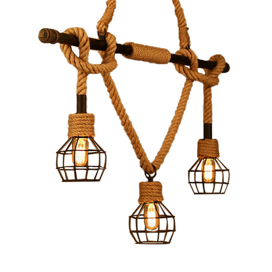 Metal Black Pendant Light Domed Cage 3 Heads Industrial Vintage Island Lighting with Adjustable Hemp Rope Clearhalo 'Ceiling Lights' 'Island Lights' Lighting' 161991