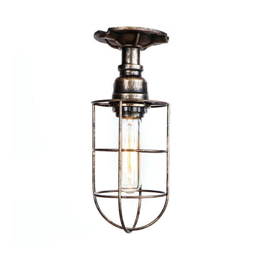 Black/Bronze 1 Bulb Semi-Flush Mount Light Vintage Metal Wire Guard Ceiling Mounted Light for Corridor Clearhalo 'Ceiling Lights' 'Close To Ceiling Lights' 'Close to ceiling' 'Semi-flushmount' Lighting' 162014