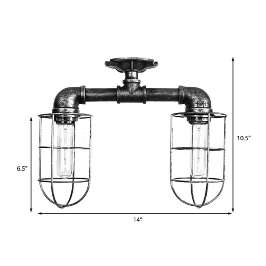 Water Pipe Hallway Ceiling Lighting with Wire Frame Industrial Iron 2 Lights Bronze/Aged Silver Semi Mount Lighting Clearhalo 'Ceiling Lights' 'Close To Ceiling Lights' 'Close to ceiling' 'Semi-flushmount' Lighting' 162023