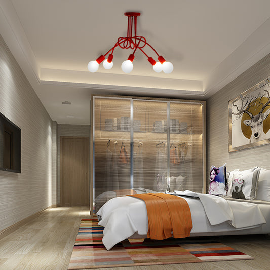 Red Twisted Semi Flush Light Industrial Loft Metal 5 Light Bedroom Semi Flush Mount Light Red Clearhalo 'Ceiling Lights' 'Close To Ceiling Lights' 'Close to ceiling' 'Semi-flushmount' Lighting' 162026