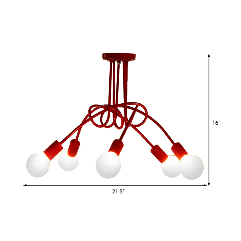 Red Twisted Semi Flush Light Industrial Loft Metal 5 Light Bedroom Semi Flush Mount Light Clearhalo 'Ceiling Lights' 'Close To Ceiling Lights' 'Close to ceiling' 'Semi-flushmount' Lighting' 162029