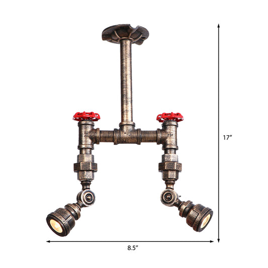 Aged Bronze Piped Semi Flush Mount Light with Red Valve Antique Style Metal 2 Lights Hallway Ceiling Light Fixture Clearhalo 'Ceiling Lights' 'Close To Ceiling Lights' 'Close to ceiling' 'Semi-flushmount' Lighting' 162055