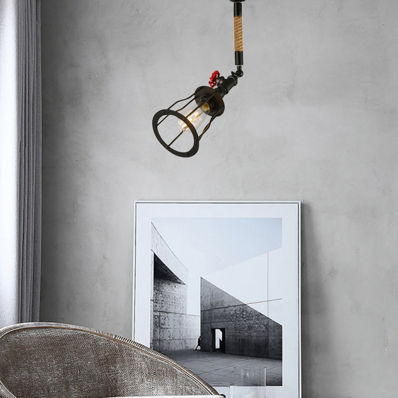 Rotatable Cage Metal Semi Flush Light Vintage Industrial 1 Bulb Farmhouse Ceiling Mounted Light with Rope in Black Black Clearhalo 'Ceiling Lights' 'Close To Ceiling Lights' 'Close to ceiling' 'Semi-flushmount' Lighting' 162066