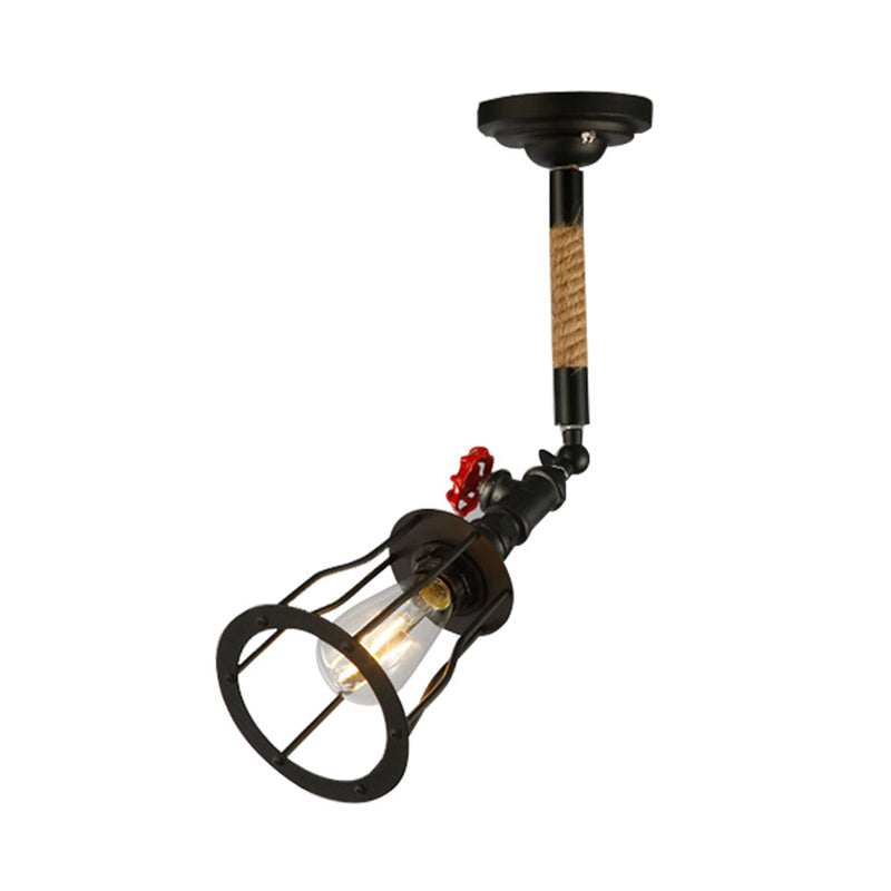 Rotatable Cage Metal Semi Flush Light Vintage Industrial 1 Bulb Farmhouse Ceiling Mounted Light with Rope in Black Clearhalo 'Ceiling Lights' 'Close To Ceiling Lights' 'Close to ceiling' 'Semi-flushmount' Lighting' 162068