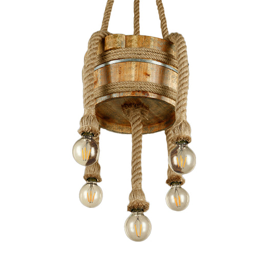 Drum Shape Chandeliers Five-light Retro Style Wood Hanging Lights in Beige Color for Agritainment Clearhalo 'Ceiling Lights' 'Chandeliers' Lighting' options 162107