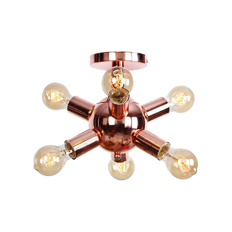 6/9 Heads Starburst Semi Flush Ceiling Light Vintage Copper Metal Semi Flush Light with Bare Bulb for Restaurant Clearhalo 'Ceiling Lights' 'Close To Ceiling Lights' 'Close to ceiling' 'Semi-flushmount' Lighting' 162202