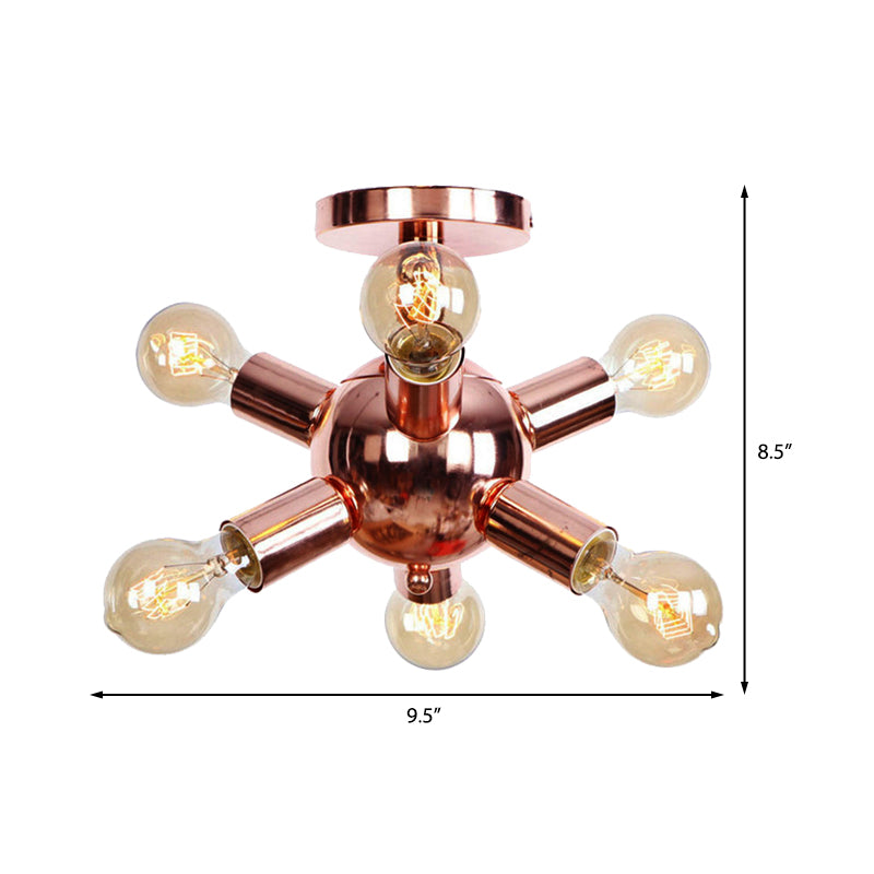 6/9 Heads Starburst Semi Flush Ceiling Light Vintage Copper Metal Semi Flush Light with Bare Bulb for Restaurant Clearhalo 'Ceiling Lights' 'Close To Ceiling Lights' 'Close to ceiling' 'Semi-flushmount' Lighting' 162203