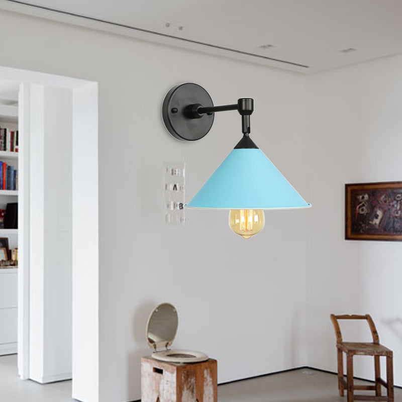 Black/Gray Conical Sconce Light Industrial Stylish Metallic 1 Head Bathroom Wall Sconce Lamp Blue Clearhalo 'Cast Iron' 'Glass' 'Industrial' 'Modern wall lights' 'Modern' 'Tiffany' 'Traditional wall lights' 'Wall Lamps & Sconces' 'Wall Lights' Lighting' 162272