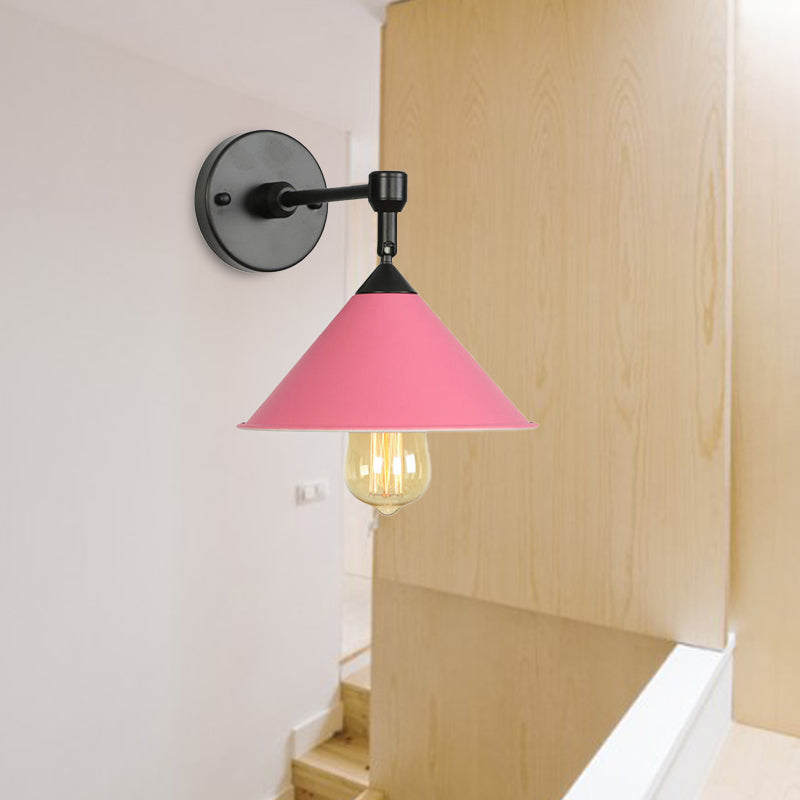 Black/Gray Conical Sconce Light Industrial Stylish Metallic 1 Head Bathroom Wall Sconce Lamp Pink Clearhalo 'Cast Iron' 'Glass' 'Industrial' 'Modern wall lights' 'Modern' 'Tiffany' 'Traditional wall lights' 'Wall Lamps & Sconces' 'Wall Lights' Lighting' 162278