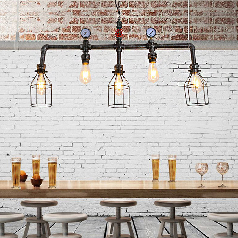 Aged Silver 5 Bulbs Island Lighting Industrial Metallic Caged Hanging Lamp with Pipe and Pressure Gauge Aged Silver Clearhalo 'Ceiling Lights' 'Island Lights' Lighting' 162319