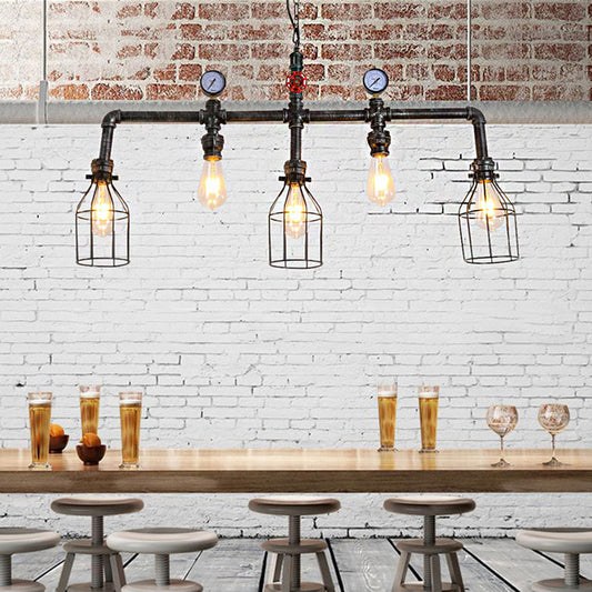 Aged Silver 5 Bulbs Island Lighting Industrial Metallic Caged Hanging Lamp with Pipe and Pressure Gauge Aged Silver Clearhalo 'Ceiling Lights' 'Island Lights' Lighting' 162319