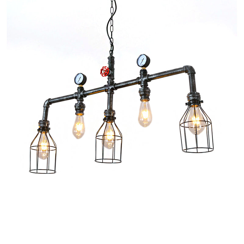Aged Silver 5 Bulbs Island Lighting Industrial Metallic Caged Hanging Lamp with Pipe and Pressure Gauge Clearhalo 'Ceiling Lights' 'Island Lights' Lighting' 162321