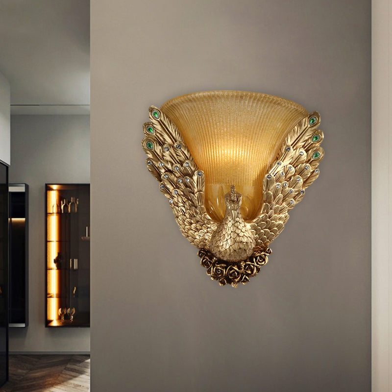 Bell Shape Sitting Room Wall Sconce Cottage Amber Ribbed Glass 1-Head Gold Wall Lighting Idea with Peacock Design Clearhalo 'Wall Lamps & Sconces' 'Wall Lights' Lighting' 1623358