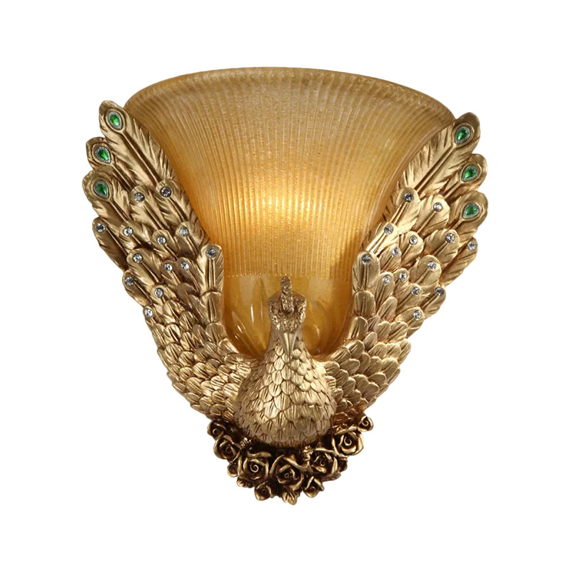 Bell Shape Sitting Room Wall Sconce Cottage Amber Ribbed Glass 1-Head Gold Wall Lighting Idea with Peacock Design Clearhalo 'Wall Lamps & Sconces' 'Wall Lights' Lighting' 1623359