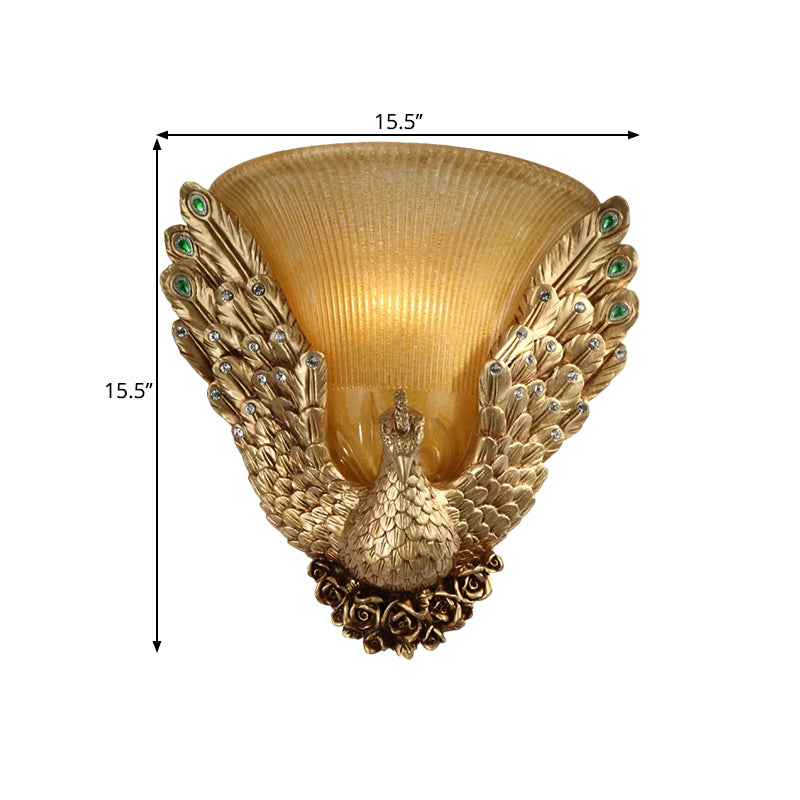 Bell Shape Sitting Room Wall Sconce Cottage Amber Ribbed Glass 1-Head Gold Wall Lighting Idea with Peacock Design Clearhalo 'Wall Lamps & Sconces' 'Wall Lights' Lighting' 1623360