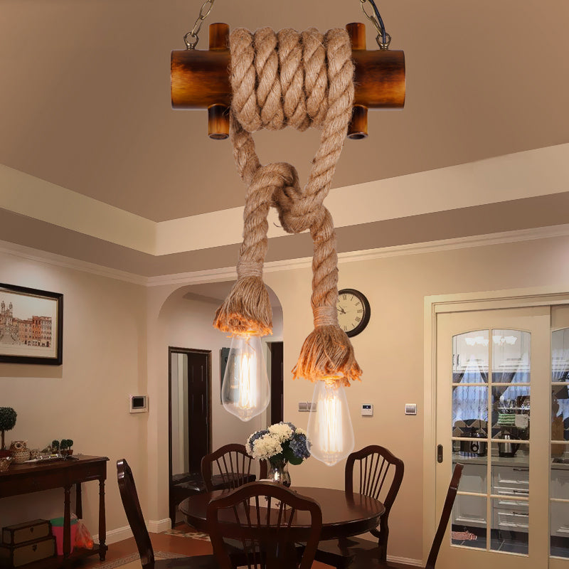 Bare Bulb Hanging Light Vintage Two-head Brown Bamboo Ceiling Fixture with Hemp Rope for Living Room Brown Clearhalo 'Ceiling Lights' 'Pendant Lights' 'Pendants' Lighting' 162357_51c0e840-42c7-4299-a1fa-9f2c7b200f95