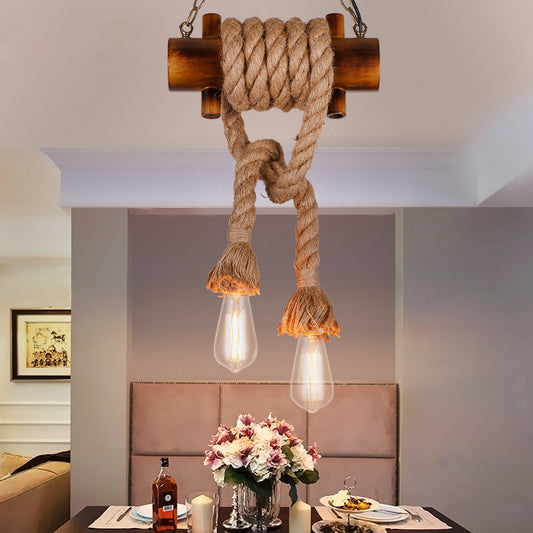 Bare Bulb Hanging Light Vintage Two-head Brown Bamboo Ceiling Fixture with Hemp Rope for Living Room Clearhalo 'Ceiling Lights' 'Pendant Lights' 'Pendants' Lighting' 162358