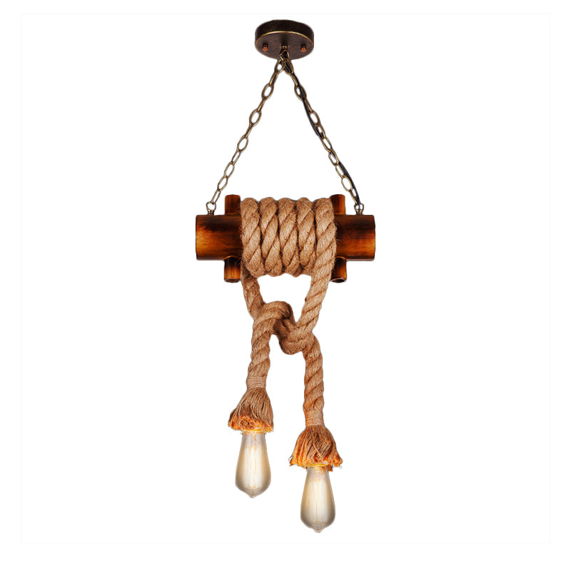 Bare Bulb Hanging Light Vintage Two-head Brown Bamboo Ceiling Fixture with Hemp Rope for Living Room Clearhalo 'Ceiling Lights' 'Pendant Lights' 'Pendants' Lighting' 162359