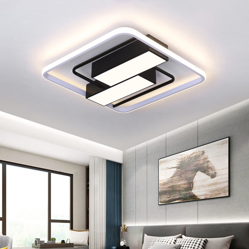 Metal Dual Rectangle Flush Light Nordic 18"/21.5" W LED Black Flush Mount Fixture in Warm/White Light with Square Frame Black Clearhalo 'Ceiling Lights' 'Close To Ceiling Lights' 'Close to ceiling' 'Flush mount' Lighting' 1623692