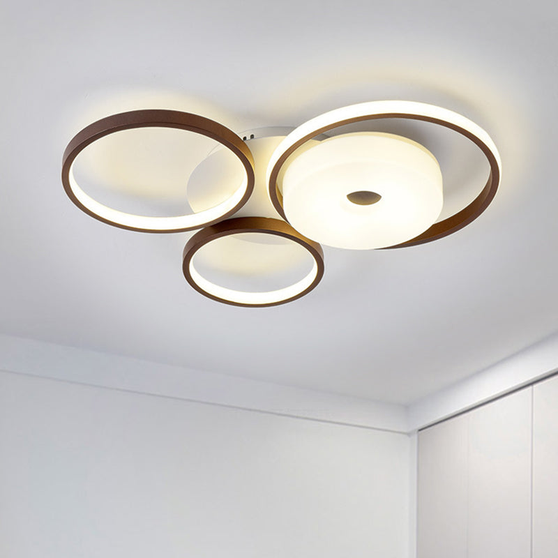 3 Rings Bedroom Flush Ceiling Light Metal 19.5"/25.5" W LED Modernism Flush Mount Lamp in Brown, Warm/White Light Brown Clearhalo 'Ceiling Lights' 'Close To Ceiling Lights' 'Close to ceiling' 'Flush mount' Lighting' 1623716