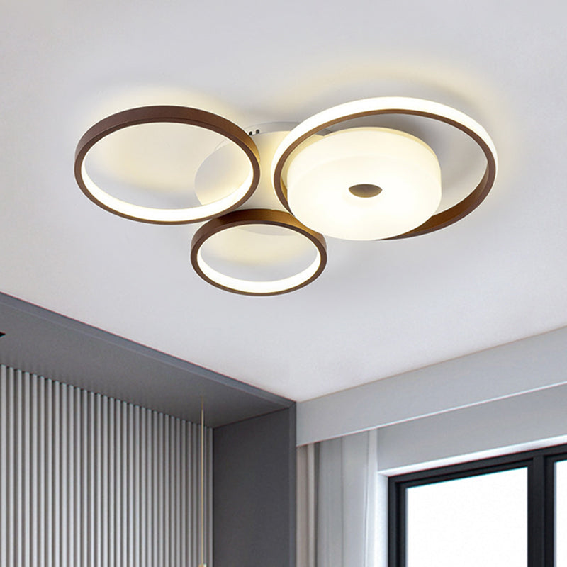 3 Rings Bedroom Flush Ceiling Light Metal 19.5"/25.5" W LED Modernism Flush Mount Lamp in Brown, Warm/White Light Clearhalo 'Ceiling Lights' 'Close To Ceiling Lights' 'Close to ceiling' 'Flush mount' Lighting' 1623717