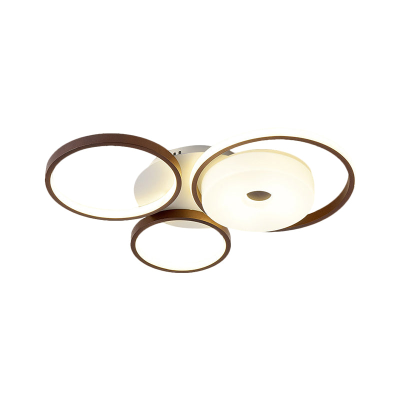 3 Rings Bedroom Flush Ceiling Light Metal 19.5"/25.5" W LED Modernism Flush Mount Lamp in Brown, Warm/White Light Clearhalo 'Ceiling Lights' 'Close To Ceiling Lights' 'Close to ceiling' 'Flush mount' Lighting' 1623718