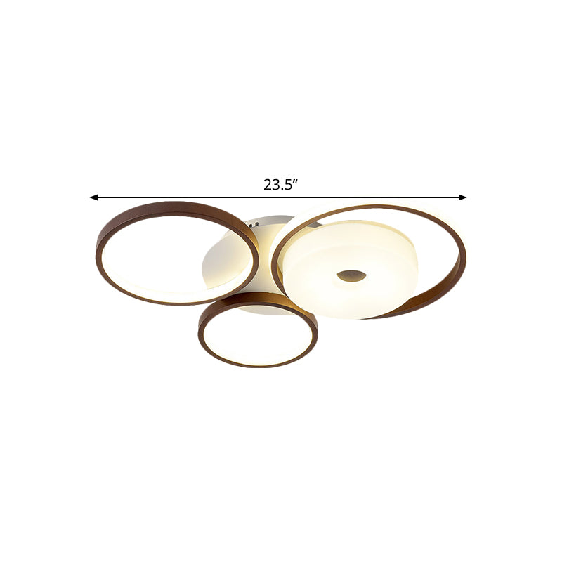 3 Rings Bedroom Flush Ceiling Light Metal 19.5"/25.5" W LED Modernism Flush Mount Lamp in Brown, Warm/White Light Clearhalo 'Ceiling Lights' 'Close To Ceiling Lights' 'Close to ceiling' 'Flush mount' Lighting' 1623720