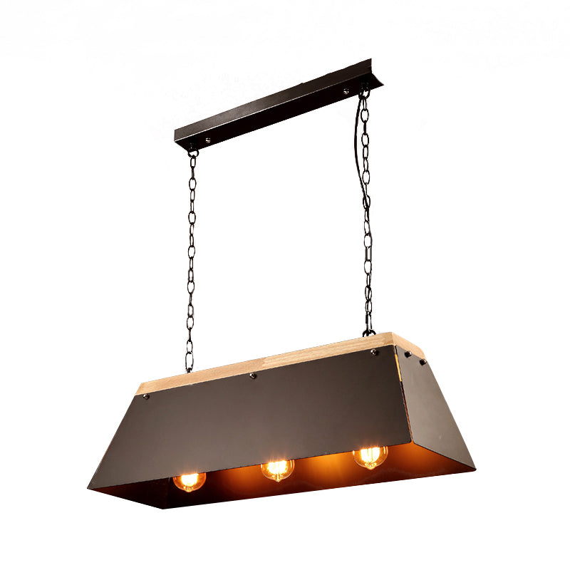 3 Lights Island Lighting Industrial Trapezoid Shade Metal and Wood Pendant Lamp in Black for Dining Room Clearhalo 'Ceiling Lights' 'Island Lights' Lighting' 162399