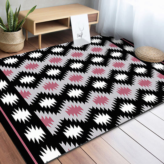 Southwestern Living Room Rug in Black Geometric Print Rug Polyester Stain-Resistant Washable Area Rug Black Clearhalo 'Area Rug' 'Rugs' 'Southwestern' Rug' 1624263