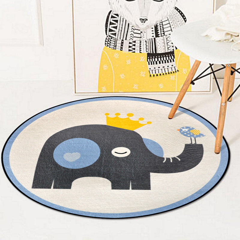 Blue and Ivory Child's Room Rug Kids Animal Bunny Owl Elephant Penguin Pattern Area Rug Polyester Washable Carpet Cream Clearhalo 'Area Rug' 'Rug' 1624372