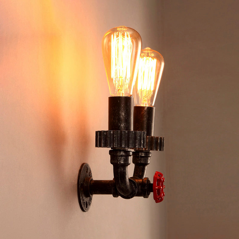 2 Lights Wall Sconce Light Vintage Industrial Bare Bulb Iron Wall Lighting with Red Faucet Valve in Dark Rust Rust Clearhalo 'Art deco wall lights' 'Cast Iron' 'Glass' 'Industrial wall lights' 'Industrial' 'Middle century wall lights' 'Modern' 'Rustic wall lights' 'Tiffany' 'Traditional wall lights' 'Wall Lamps & Sconces' 'Wall Lights' Lighting' 162468