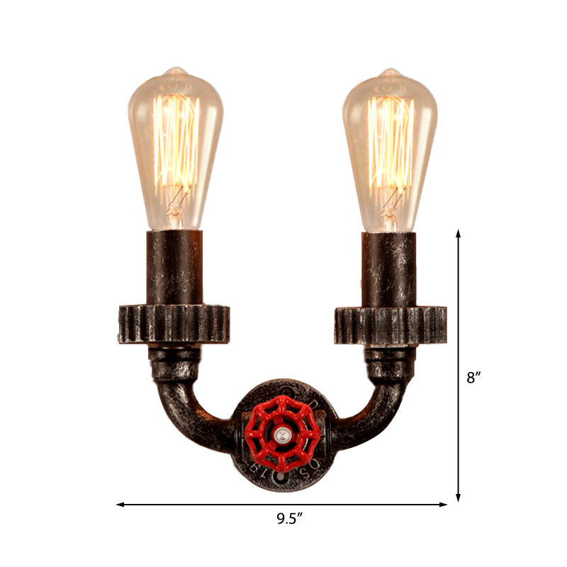 2 Lights Wall Sconce Light Vintage Industrial Bare Bulb Iron Wall Lighting with Red Faucet Valve in Dark Rust Clearhalo 'Art deco wall lights' 'Cast Iron' 'Glass' 'Industrial wall lights' 'Industrial' 'Middle century wall lights' 'Modern' 'Rustic wall lights' 'Tiffany' 'Traditional wall lights' 'Wall Lamps & Sconces' 'Wall Lights' Lighting' 162471
