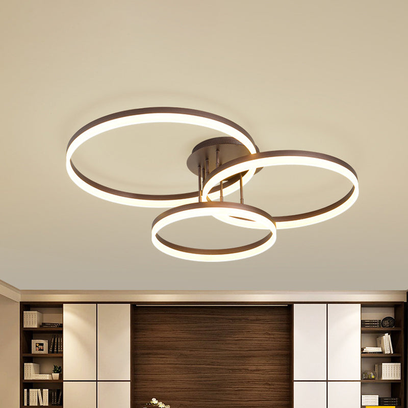 31.5"/35.5" Wide 3-Ring Acrylic Ceiling Light Fixture Modern LED Brown Semi Flush Mount Lamp in Warm/White/Natural Light Brown Clearhalo 'Ceiling Lights' 'Close To Ceiling Lights' 'Close to ceiling' 'Semi-flushmount' Lighting' 162513