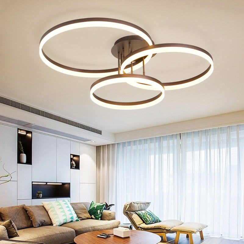 31.5"/35.5" Wide 3-Ring Acrylic Ceiling Light Fixture Modern LED Brown Semi Flush Mount Lamp in Warm/White/Natural Light Clearhalo 'Ceiling Lights' 'Close To Ceiling Lights' 'Close to ceiling' 'Semi-flushmount' Lighting' 162514