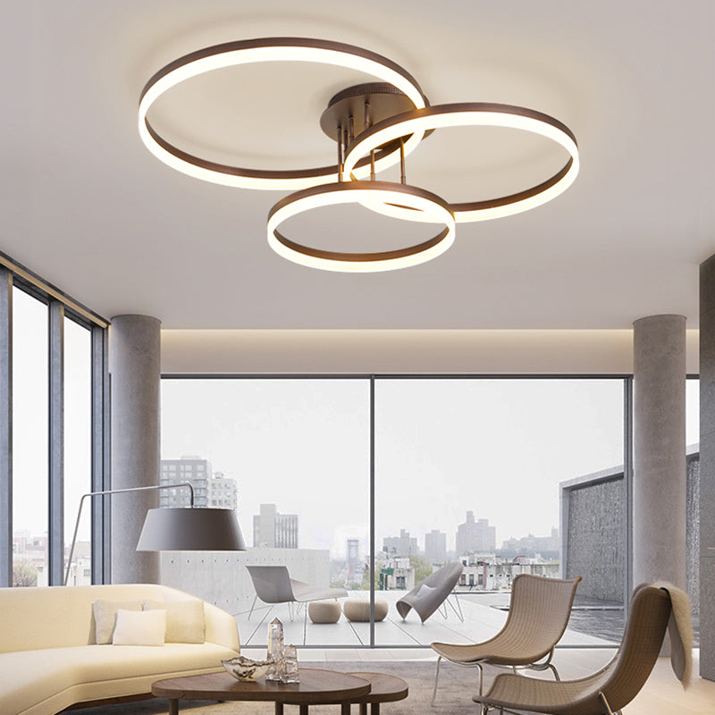 31.5"/35.5" Wide 3-Ring Acrylic Ceiling Light Fixture Modern LED Brown Semi Flush Mount Lamp in Warm/White/Natural Light Clearhalo 'Ceiling Lights' 'Close To Ceiling Lights' 'Close to ceiling' 'Semi-flushmount' Lighting' 162515